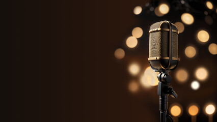 Stage with microphone, lights, bokeh, debate or speech stage, business speaker public presentation, performance TV show, music sound entertainment, neon laser spotlight, mockup of recording studio