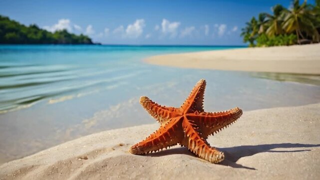 Red starfish on sand against background of sea