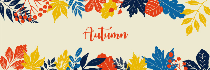 Obraz premium Autumn leaves background. Bright banner template in flat style