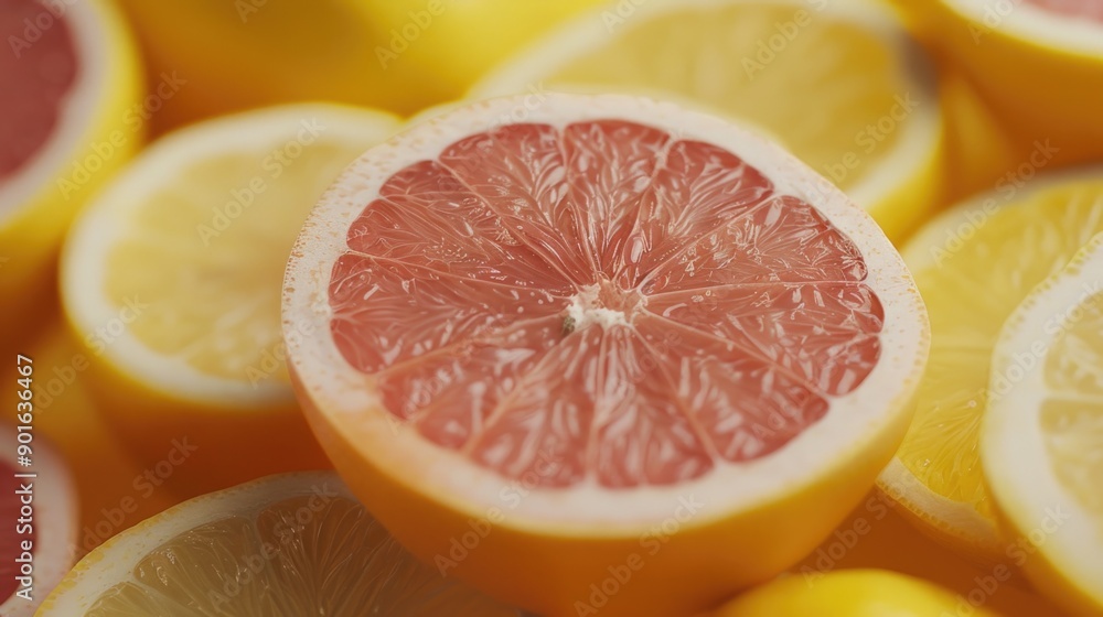 Poster a close up of a grapefruit and a lemon. the grapefruit is cut in half and the lemon is cut in half a