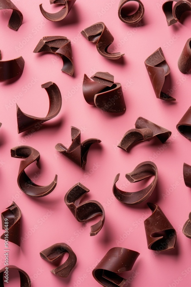 Poster a close up of chocolate curls on a pink background. the curls are of different sizes and shapes, cre