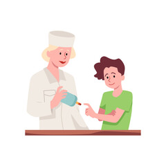 Vector illustration a doctor measures the glucose level of a boy patient with a device
