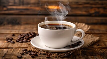 Obraz premium A white cup of coffee with steam rising, placed on a rustic wooden background with beans. 