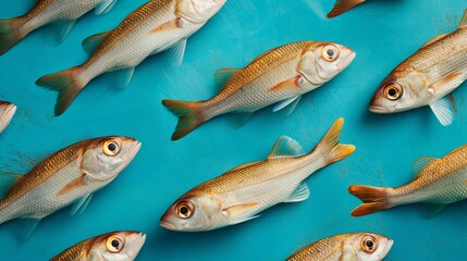 Top view of fish on a bright blue surface for wallpapers and backgrounds tile