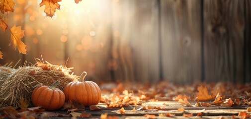 Warm autumn scene with pumpkins, hay, and fallen leaves, illuminated by soft golden light, perfect for seasonal themes.