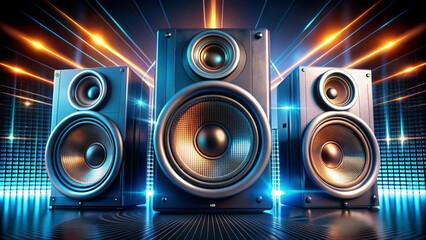High-tech speakers with sleek metallic design amplify sound waves, radiating energy and intensity, perfect for electrifying concerts, festivals, and immersive audio environments.