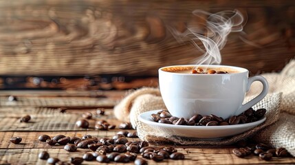 A white cup of coffee with steam rising, placed on a rustic wooden background with beans.