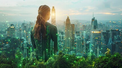 Woman looking at the high-rise Buildings Cityscape in Metropolis City Center . Green  Environment City and Downtown Business District in Panoramic view

