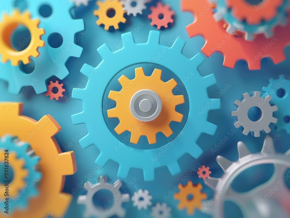 Poster a colorful image of gears with a blue and yellow one in the center. concept of motion and energy, as