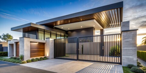 Obraz premium Modern entrance gate features sleek cantilevered design, floating above ground, adding dramatic flair to luxurious residence's facade with clean lines and minimalist aesthetic.