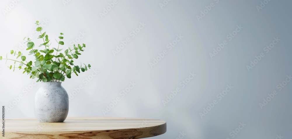 Aufkleber A minimalistic arrangement featuring a green plant in a textured vase on a wooden table, creating a serene home atmosphere.