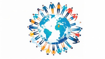 A diverse group of people holding hands around the globe, symbolizing unity, community, and global connection.