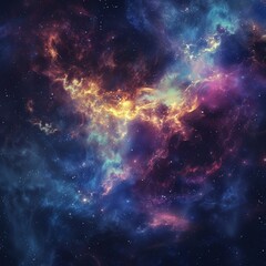 Obraz premium Abstract galaxy with stars and nebulae, featuring vibrant colors of blue, purple, and yellow. The image captures the beauty and vastness of outer space, with swirling cosmic clouds