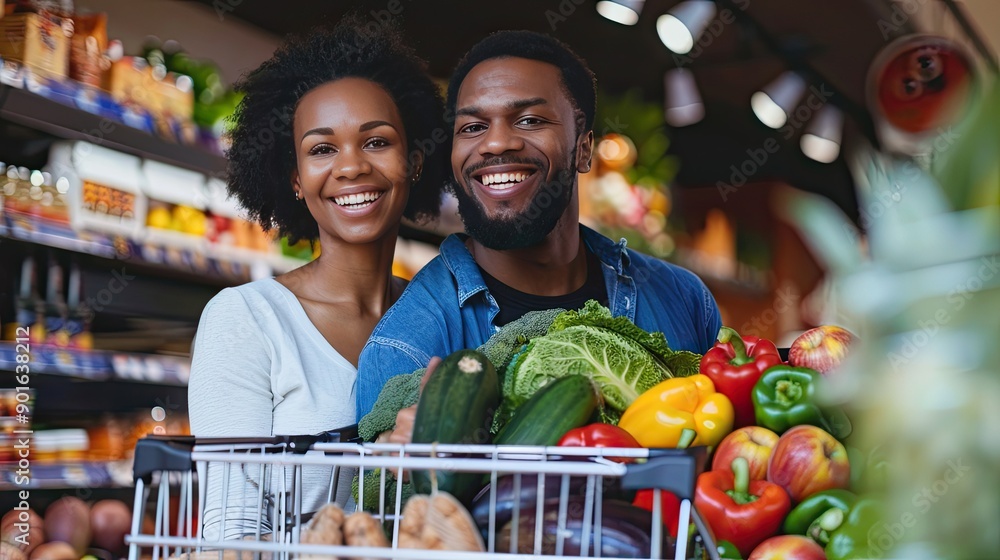 Aufkleber a happy couple in casual attire, smiling at the camera as they stand by their shopping cart overflow