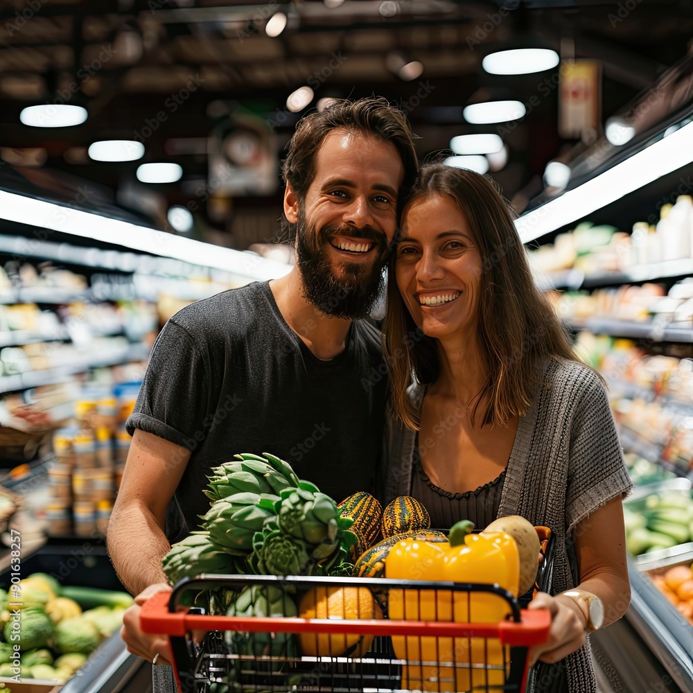 Poster a happy couple posing in a supermarket with their shopping cart loaded with groceries, looking at th