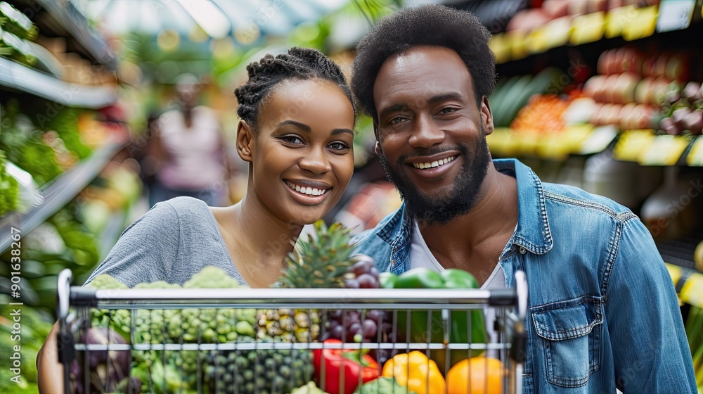 Poster a happy couple in casual attire, smiling at the camera as they stand by their shopping cart overflow