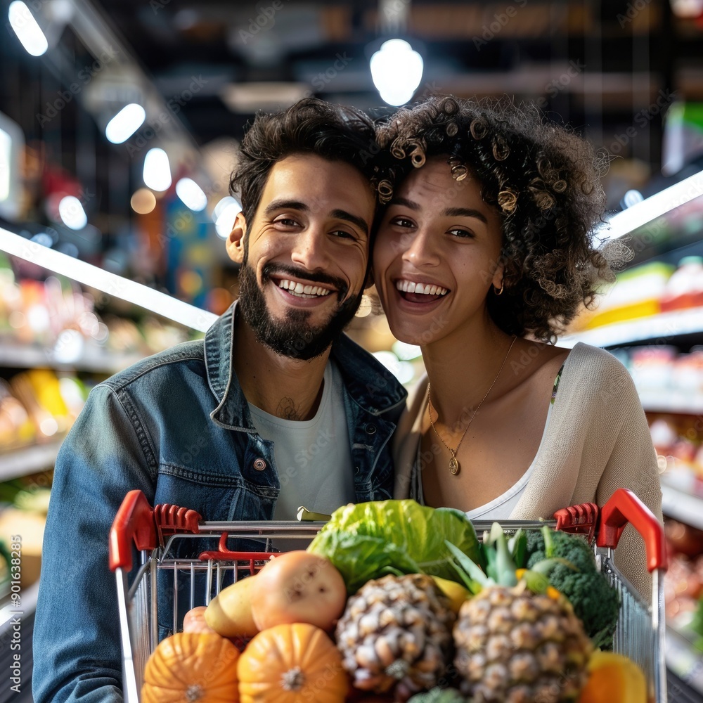 Poster a happy couple posing in a supermarket with their shopping cart loaded with groceries, looking at th