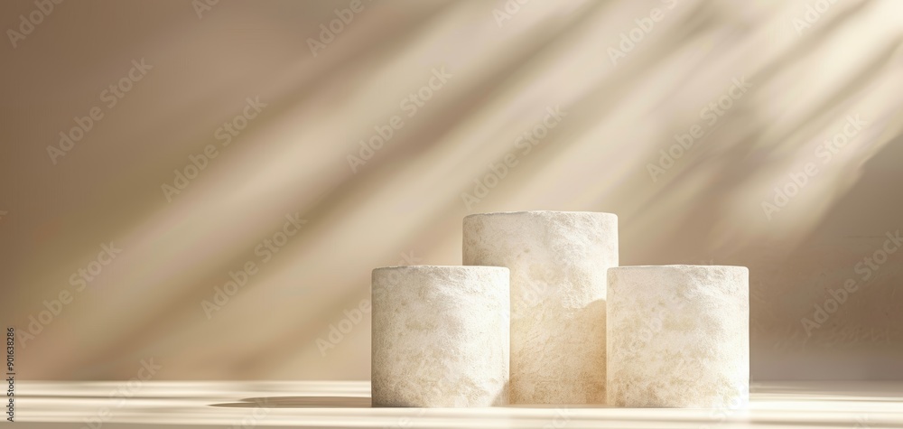 Poster elegant stone cylindrical vases arranged on a subtle background, illuminated by soft light, ideal fo