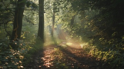 Fototapeta premium Sunlight filters through a lush forest, illuminating a peaceful woodland path.