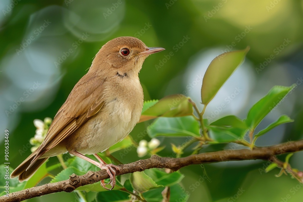 Poster a small brown bird is perched on a branch of a tree. the bird is looking up at something in the dist