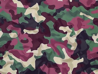 A colorful camouflage pattern with a mix of green, pink, and purple. The image has a bold and vibrant feel to it, with the colors blending together to create a dynamic and eye-catching design