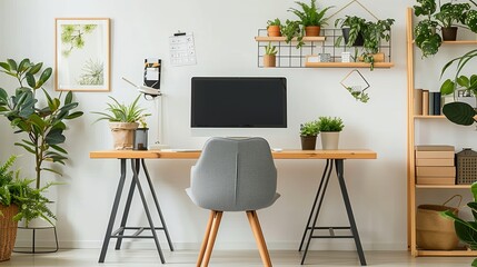 A simple wooden desk with a grey chair in front, against a white wall background. On the table is a computer monitor and office supplies