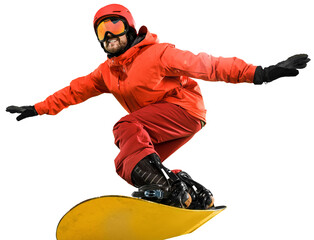 Dynamic snowboarder in red gear demonstrates agility and control during snowboarding activity,...