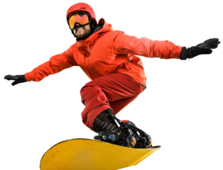 Dynamic snowboarder in red gear demonstrates agility and control during snowboarding activity, isolated on transparent background. Concept of winter, travelling, active lifestyle, extreme sport
