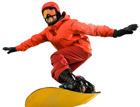 Dynamic snowboarder in red gear demonstrates agility and control during snowboarding activity, isolated on transparent background. Concept of winter, travelling, active lifestyle, extreme sport