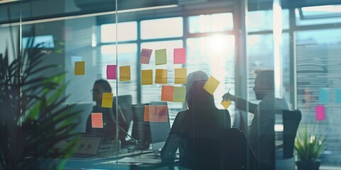 A group of people are sitting in a conference room with a large number of colorful sticky notes on the wall. Scene is collaborative and creative