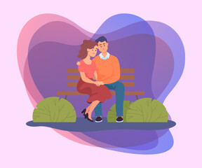 Cute cartoon couple of young people sitting together on bench. Man and woman hugging in city park flat vector illustration. Summer, love, romance concept for banner, website design or landing web page