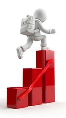 Cartoon Character Climbing Bar Graph with Backpack on White Background