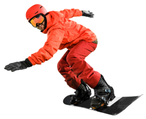 Focused bearded man in red sportswear and goggles in motion on snowboard, performing tricks isolated on transparent background. Concept of winter, travelling, active lifestyle, extreme sport