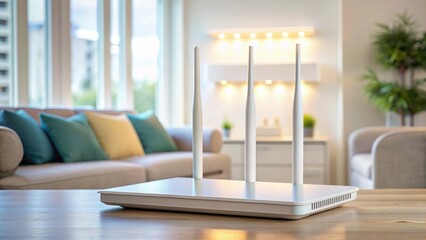 Modern white router for home internet and television networks sits on a sleek tabletop against a light home interior with neon accents and ample copy space.