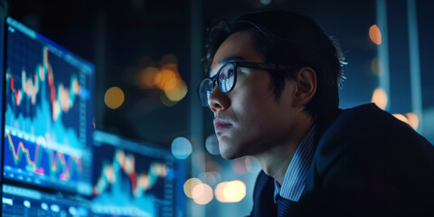 asian trader looking at financial data graphs on computer monitors. stock market and crypto trading