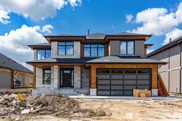 modern two-story American house with garage under construction