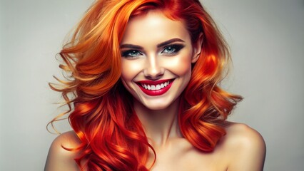 Fototapeta premium Glowing complexion, vibrant hair, and radiant smile of a stunning female model gazing directly at the lens, set against a crisp, pure white background.