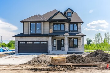 modern two-story American house with garage under construction