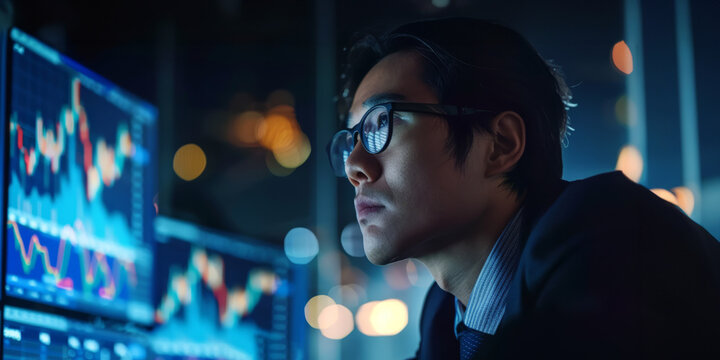 asian trader looking at financial data graphs on computer monitors. stock market and crypto trading