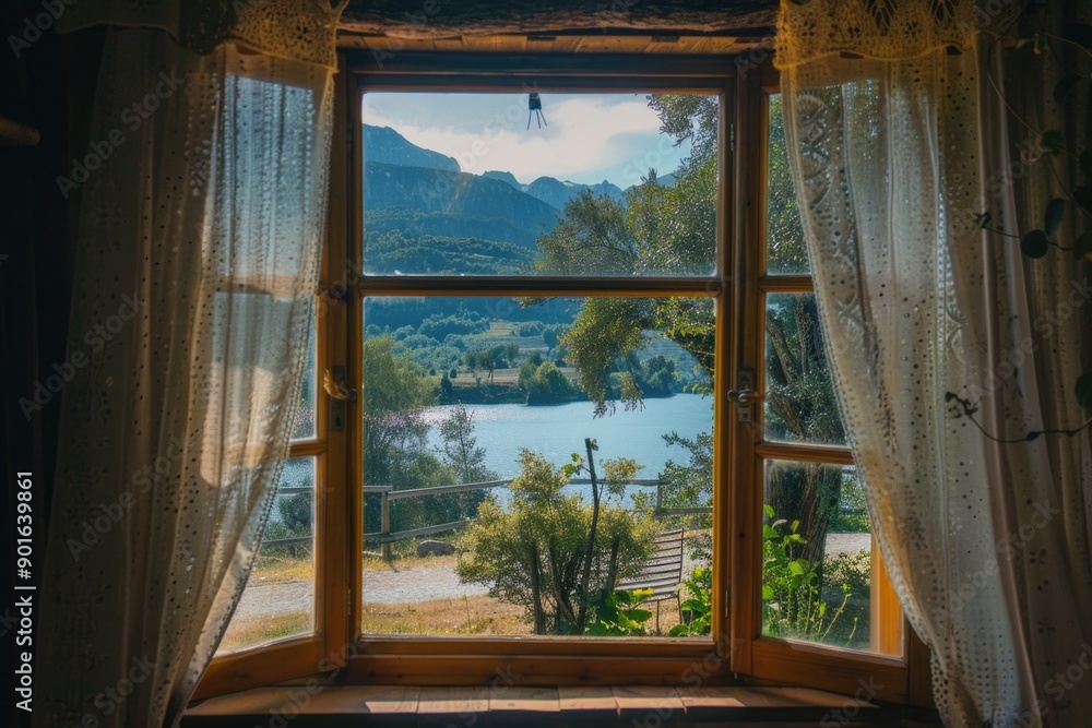 Poster a window with a view of a lake and mountains. the curtains are white and the window is open