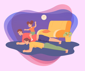 Daughter sitting on fathers back, man holding plank at home. Parents and child doing exercises or workout together flat vector illustration. Family, sports concept for banner or landing page