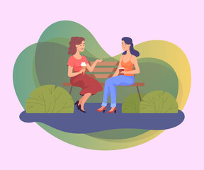 Female friends sitting on bench and chatting in park. Two women talking while eating ice cream and drinking tea or coffee flat vector illustration. Communication, summer, friendship concept for banner