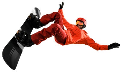 Male snowboarder in bright red gear performing aerial trick isolated on transparent background. Skills and excitement. Concept of winter, sport, activity, travelling, active lifestyle, extreme sport
