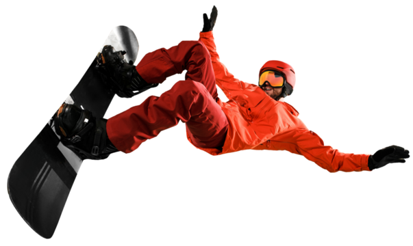 Male snowboarder in bright red gear performing aerial trick isolated on transparent background. Skills and excitement. Concept of winter, sport, activity, travelling, active lifestyle, extreme sport