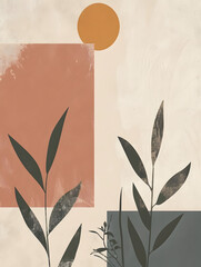 Minimalist abstract aesthetic poster with geometric shapes, earthy colors, and plant motifs. Modern wall decor with floral elements and sun