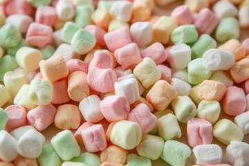 pile of colorful mini marshmallows in pastel shades of pink, green, yellow, and peach, creating a soft texture