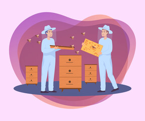 Happy beekeepers opening beehive in apiary. Male apiarists, bees and langstroth hives flat vector illustration. Agriculture, beekeeping concept