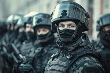 Obraz premium Police special squad fighting mass riots is ready to confront with its commander in the center