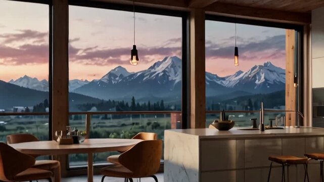 Modern Kitchen with Stunning Mountain View and Sunset Sky