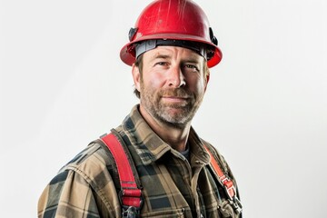 Fototapeta premium Portrait of a male construction worker wearing hard hat, studio shot, white background